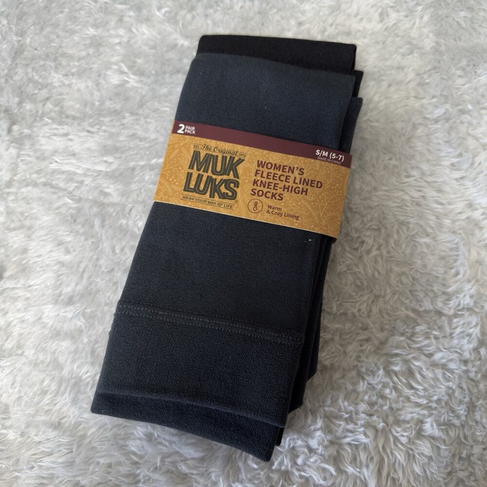 Muk Luks Women's 2-Pack Fleece Lined Knee High Socks Small/Medium Black Gray